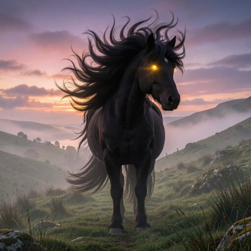 Puca standing on a mist-covered Irish hillside at twilight.