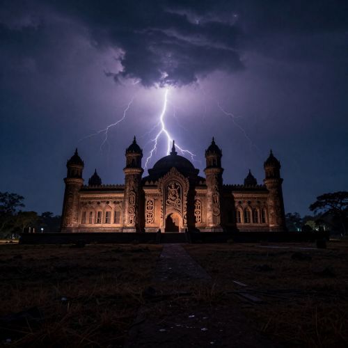 19th-century Madagascar at twilight, the Rova palace silhouetted against a storm-filled sky symbolising Curse of Queen Ranavalona