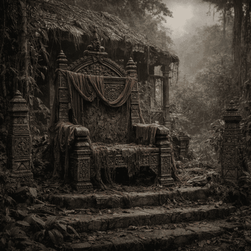 dilapidated throne against a storm-filled sky symbolising Curse of Queen Ranavalona