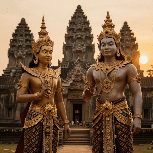 Preah Ream standing before Angkor Wat at golden sunset in the Reamker