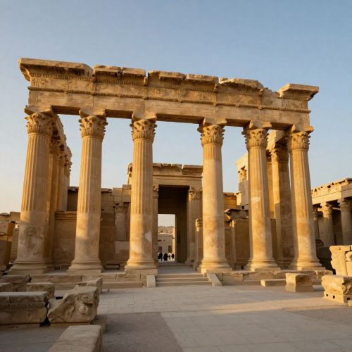 Temples of Baalbek in Lebanon, towering Roman columns at golden hour
