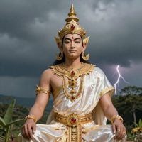 Thagyamin, Burmese king of heaven jeweled crown and celestial silk garments shimmering in tropical sunlight