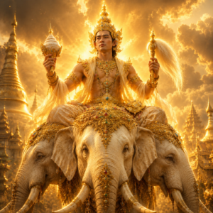 Thagyamin, Burmese king of heaven jeweled crown and celestial silk garments shimmering in tropical sunlight