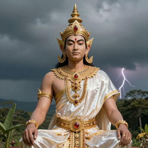 Thagyamin, Burmese king of heaven jeweled crown and celestial silk garments shimmering in tropical sunlight