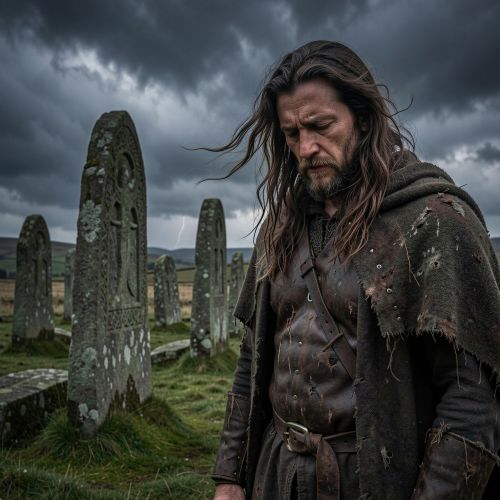 Tuireann from Irish legend standing beside ancient Celtic standing stones