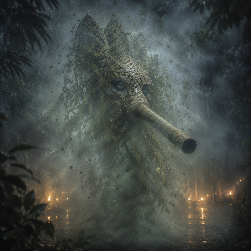 a traditional Vungvung fire dance, massive leaf-lattice mask with a long bamboo sound tube emerging from darkness