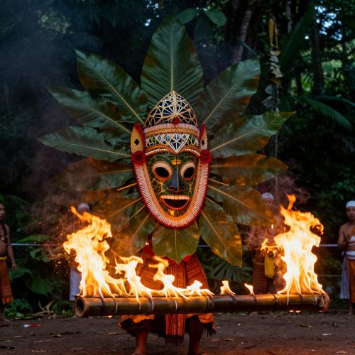a traditional Vungvung fire dance, massive leaf-lattice mask with a long bamboo sound tube emerging from darkness