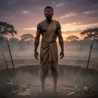 Walumbe as a humanoid spiritual figure, tall and imposing, with dark earth-toned skin marked by subtle cracks like dried soil