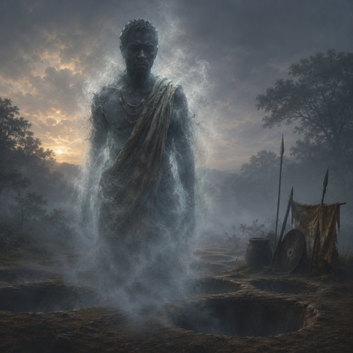 Walumbe as a humanoid spiritual figure, tall and imposing, with dark earth-toned skin marked by subtle cracks like dried soil