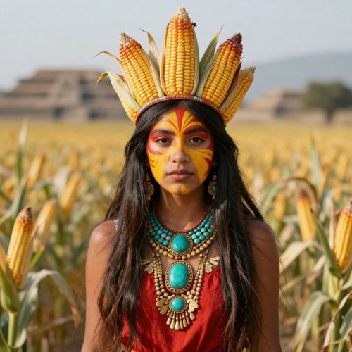 Xilonen, the Aztec goddess of young maize, depicted as a youthful Mesoamerican woman embodying renewal and fragile abundance.