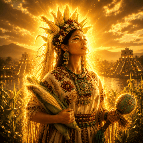 Xilonen, the Aztec goddess of young maize, depicted as a youthful Mesoamerican woman embodying renewal and fragile abundance.