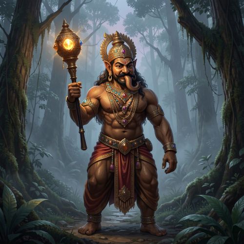 a Yaksha standing in a dense Himalayan forest at twilight