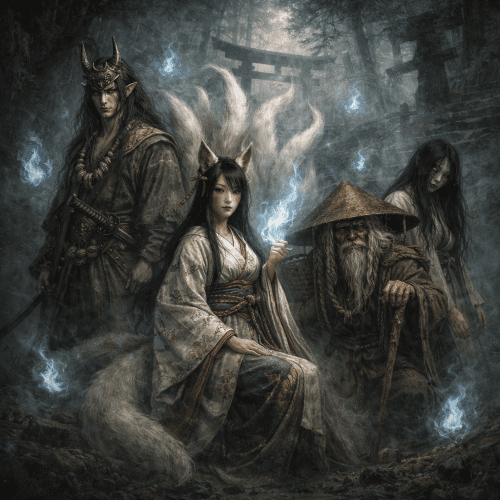 multiple Yokai emerging from a misty Japanese forest at twilight