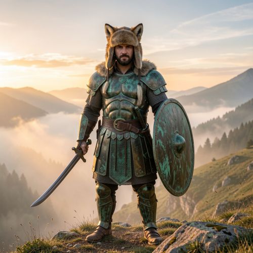 an ancient Thracians warrior standing on a misty Balkan hillside at dawn,