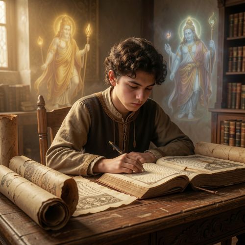 a student sitting at a wooden desk surrounded by ancient scrolls citing mythology
