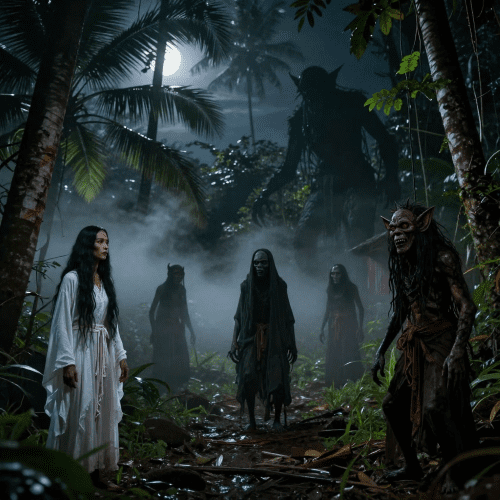 Indonesian tropical village surrounded by dense jungle, faint moonlight filtering through palm trees, multiple traditional Hantu figures
