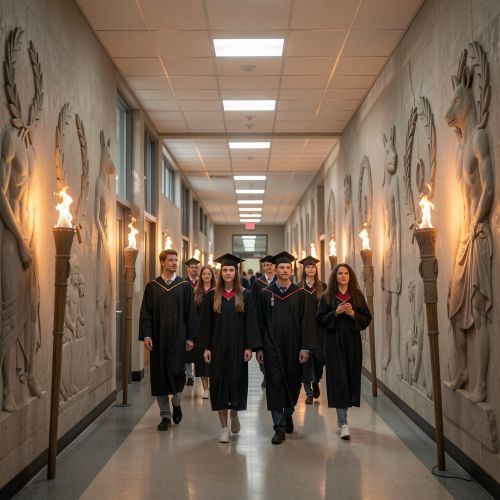 a modern high school ritual hallway transforming into an ancient ceremonial setting