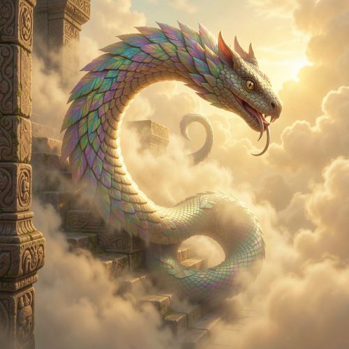 Mayan Kukulkan as a feathered serpent deity descending a stepped pyramid during equinox