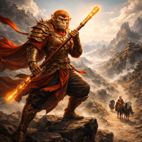 Sun Wukong standing atop a rocky mountain path during the pilgrimage