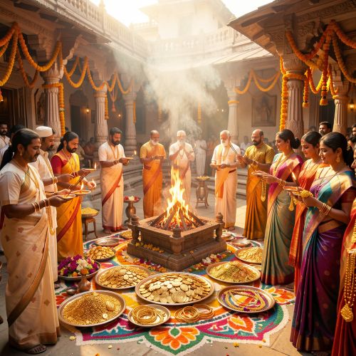 Akshaya Tritiya celebration inside a beautifully decorated Indian temple courtyard