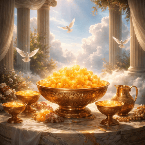 Ambrosia on Mount Olympus, a radiant golden divine substance glowing softly in ornate celestial bowls