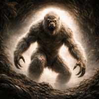 Mythlok - Amomonggo Amomonggo, a man-sized ape-like creature with pale thick fur and long razor-sharp claws