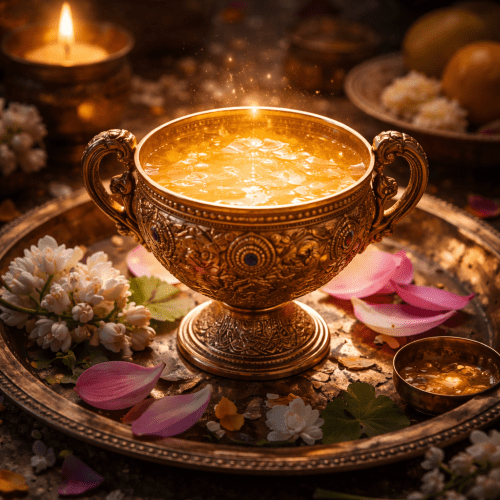 a golden pot of Amrita emitting divine light