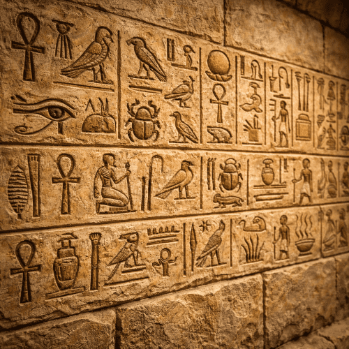 ancient Egyptian hieroglyphic inscriptions carved into a sandstone wall