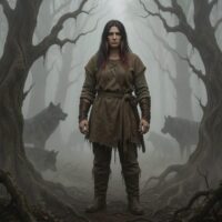 Angrboda standing in a dark Ironwood forest, tall humanoid giantess with subtle strength