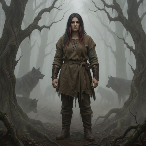 Angrboda standing in a dark Ironwood forest, tall humanoid giantess with subtle strength