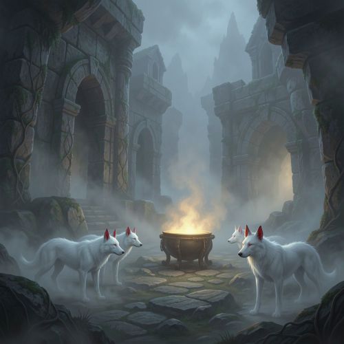 Annwn, Welsh Otherworld landscape with ancient stone halls partially hidden in mist, glowing mystical cauldron at the center emitting soft light, white spectral hounds with red ears emerging from fog in the distance