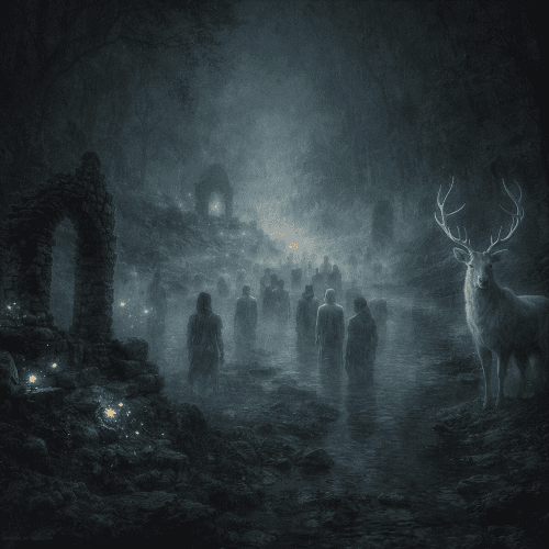 Annwn, Welsh Otherworld landscape with ancient stone halls partially hidden in mist,