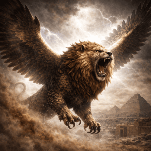 Anzu, a lion-headed eagle with massive wings spread across a stormy Mesopotamian sky