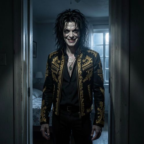 Ayuwoki standing in a dimly lit bedroom doorway, humanoid figure resembling a distorted Michael Jackson with pale waxy skin