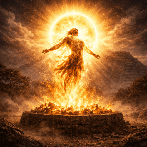 Aztec Creation Story : The Legend of the Five Suns Nanahuatzin at the exact moment of transformation into the sun, his body dissolving into a radiant solar form emerging from a sacrificial fire in the Aztec Creation Story