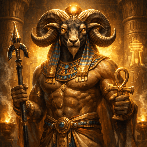 Banebdjedet, the ram-headed Egyptian god, standing in a sacred temple in Mendes.