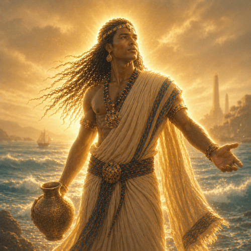 Beher, the ancient Aksumite sea god, emerging from the Red Sea with powerful waves surrounding him