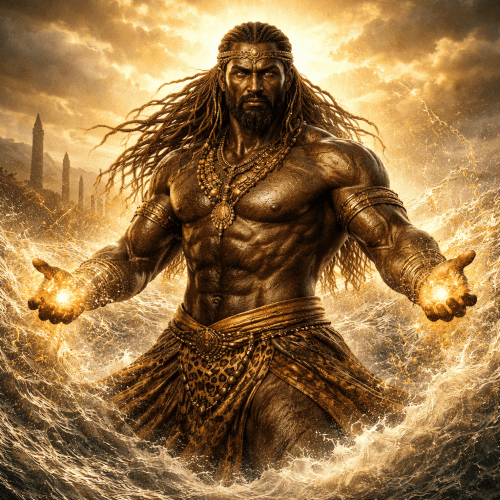 Beher, the ancient Aksumite sea god, emerging from the Red Sea with powerful waves surrounding him