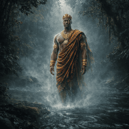 Bia, the Akan river spirit, depicted as a subtle divine presence emerging from a flowing tropical river