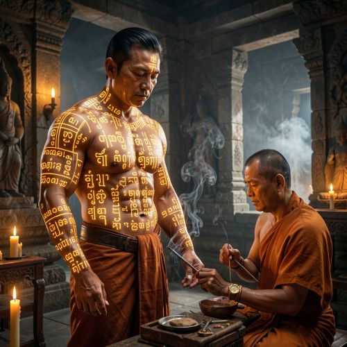 Khun Phaen, legendary Thai warrior-sorcerer, standing in a dimly lit temple interior, muscular body covered in intricate glowing Sak Yant sacred tattoo