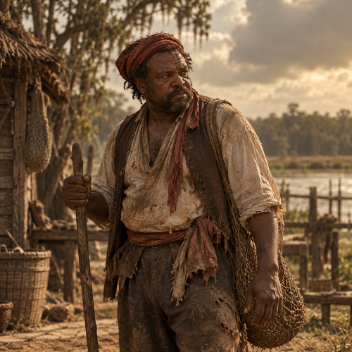 Bouki, a rugged, heavyset Black man wearing a rust-red headwrap and worn, earth-toned clothing