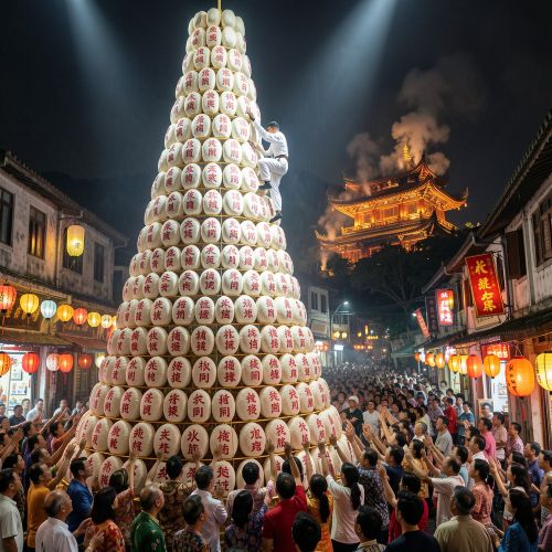 heung Chau Bun Festival on Cheung Chau Island, towering 14-meter bun mountain covered in thousands of white &ldquo;peace buns&rdquo;
