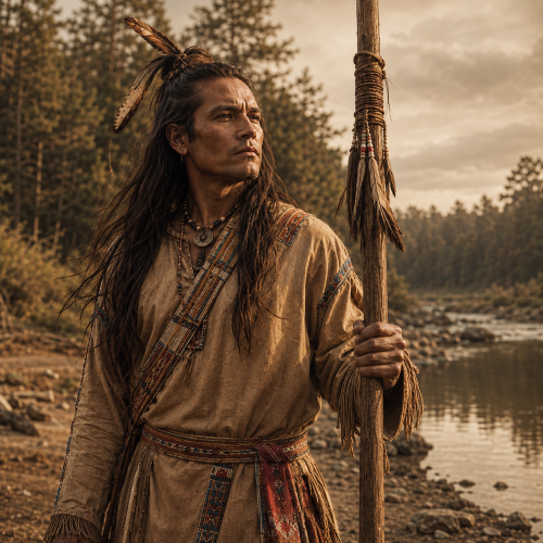 Chikasa, the legendary Chickasaw chief, standing beside a sacred migration pole