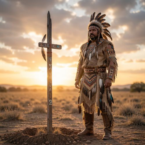 Chikasa, the legendary Chickasaw chief, standing beside a sacred migration pole