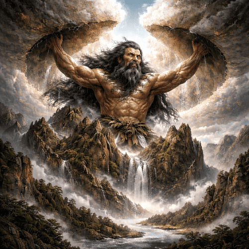 Pangu, the primordial Chinese giant, separating heaven and earth after emerging from a cracked cosmic egg