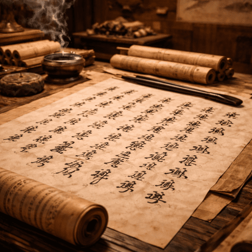 Classical Chinese text inside a dimly lit scholar&rsquo;s study, bamboo scrolls and silk manuscripts spread across a wooden desk