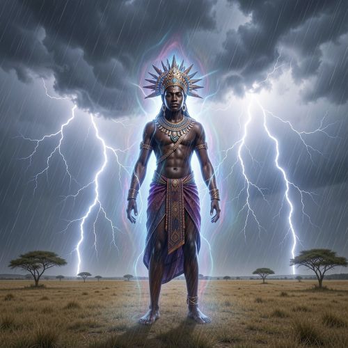 Deng, an African sky deity, emerging from storm clouds