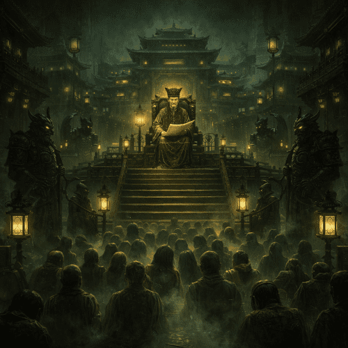 Diyu, the Chinese underworld, vast subterranean imperial court carved into dark stone