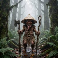 El Trauco from Chilote folklore standing in a misty temperate rainforest