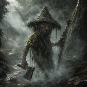El Trauco from Chilote folklore standing in a misty temperate rainforest